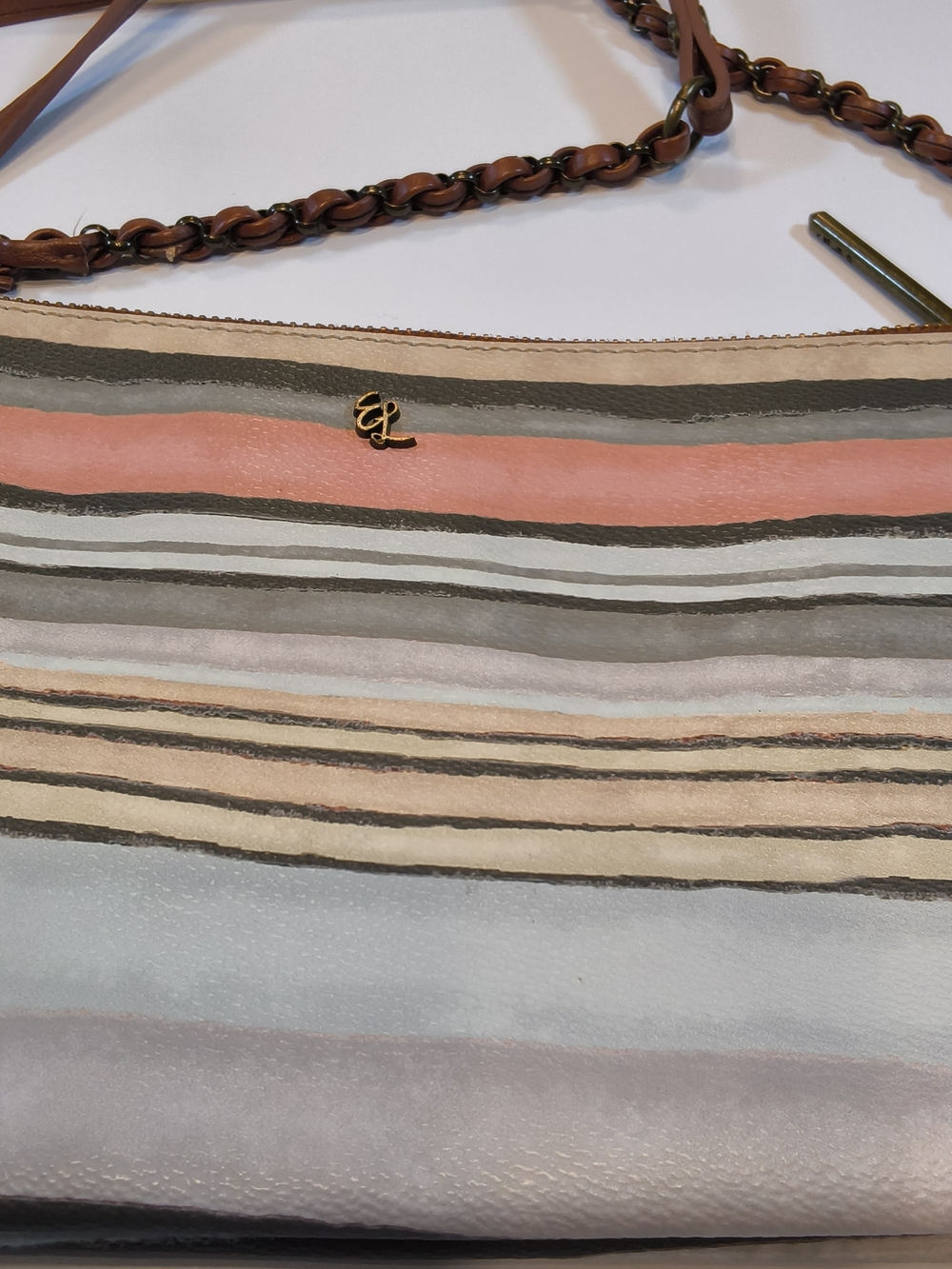 Elliott Lucca Pink, Cream, Tan & Gray Striped Crossbody with Strap